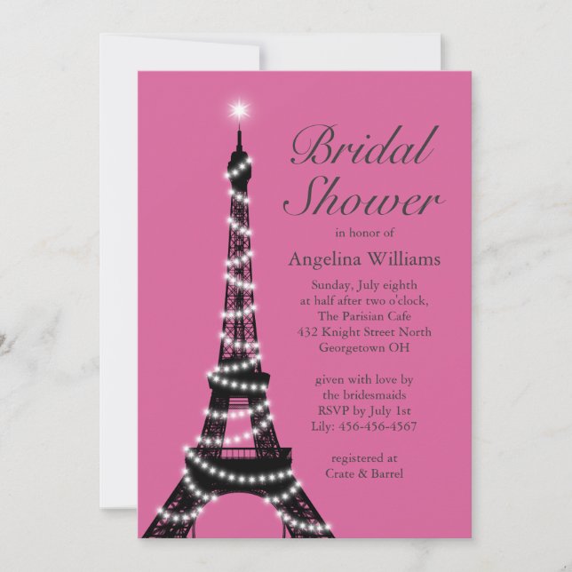 Eiffel Tower Sparkles Bridal Shower Invite fuchsia (Front)