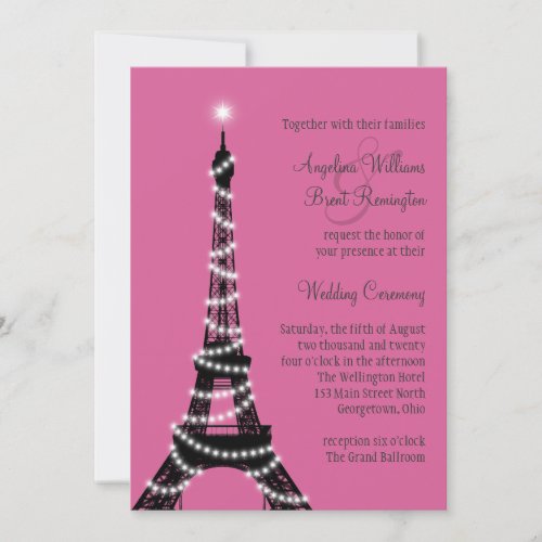 Eiffel Tower Sparkles Wedding Invitation fuchsia
