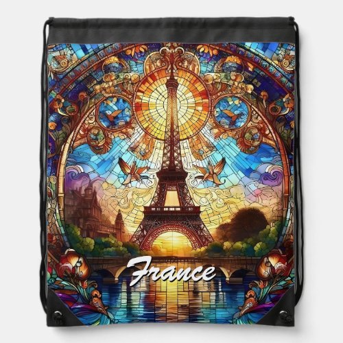 Eiffel Tower Stained Glass Art Drawstring Bag