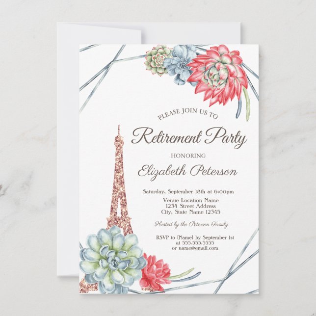  Eiffel Tower,Succulents Retirement  Invitation (Front)