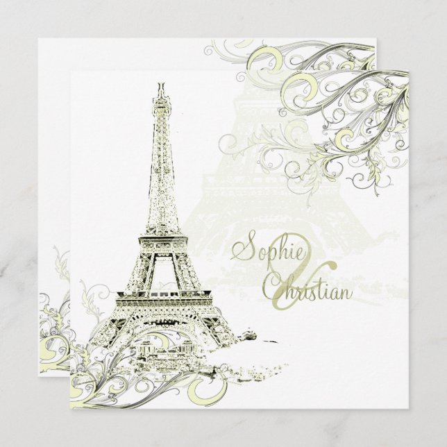 EIFFEL TOWER/SWIRLS/Luxe Champagne Paper Invitation (Front/Back)