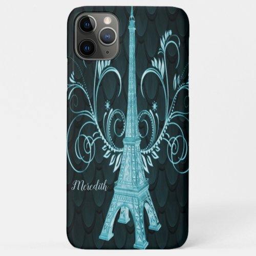 Eiffel Tower Teal Floral Swirls iPhone 11 Pro Max Case