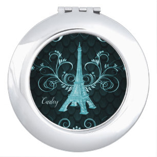 Eiffel Tower Teal Floral Swirls Compact Mirror