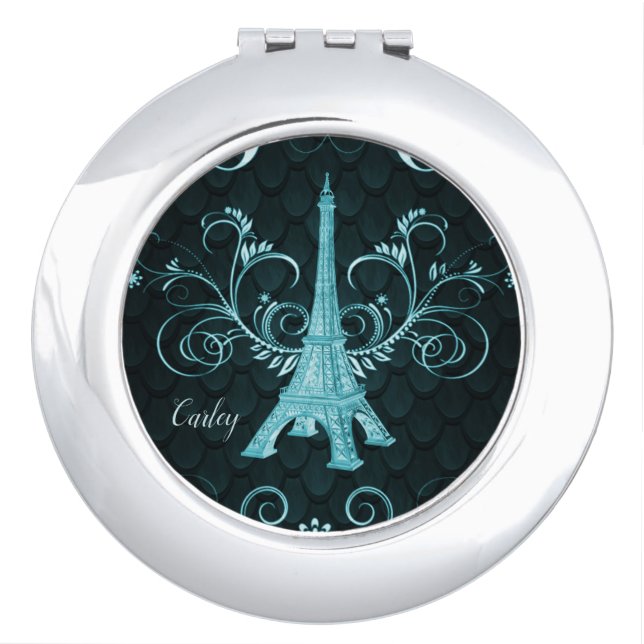 Eiffel Tower Teal Floral Swirls Compact Mirror (Front)