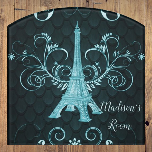 Eiffel Tower Teal Floral Swirls Door Sign (Eiffel Tower Teal Floral Swirls Door Sign)