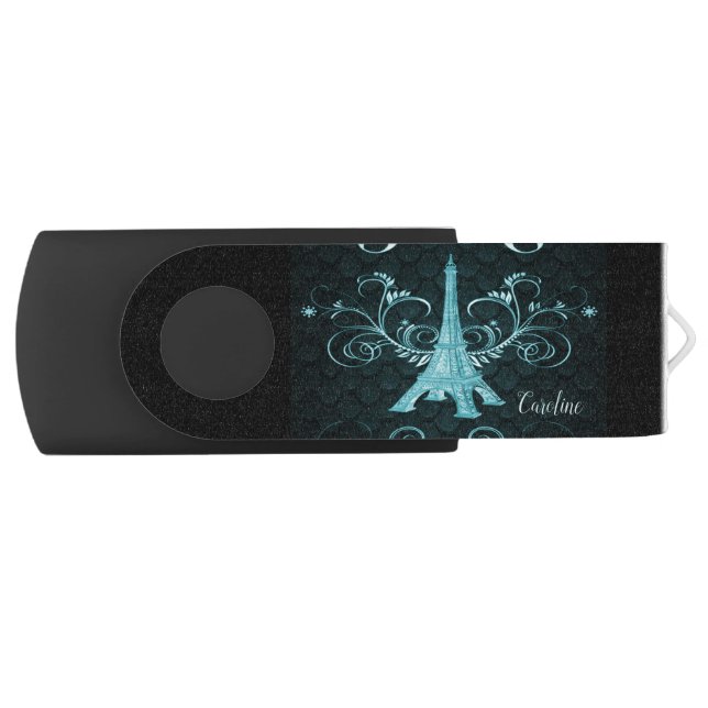 Eiffel Tower Teal Floral Swirls Flash Drive (Front)