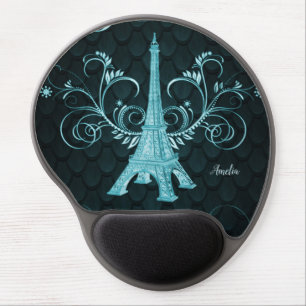 Eiffel Tower Teal Floral Swirls Gel Mouse Pad