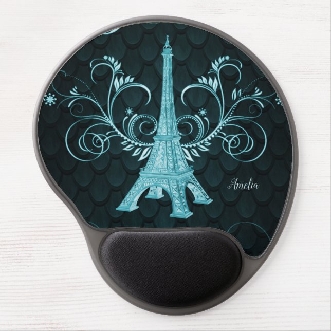 Eiffel Tower Teal Floral Swirls Gel Mouse Pad (Front)