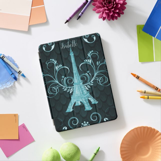 Eiffel Tower Teal Floral Swirls iPad Cover (Desk)