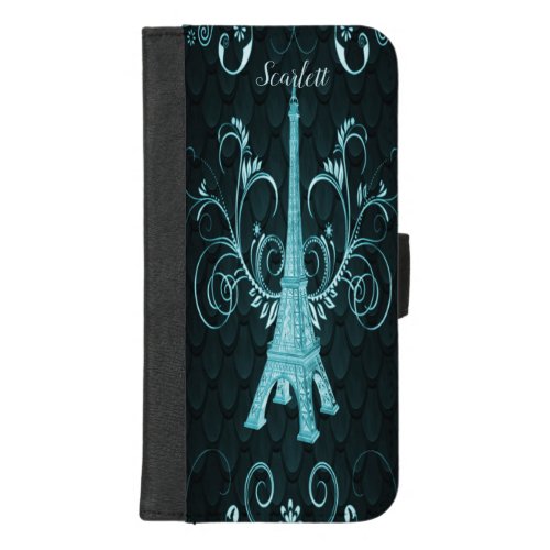 Eiffel Tower Teal Floral Swirls iPhone 87 Plus Wallet Case