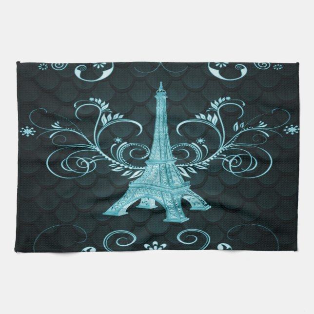 Eiffel Tower Teal Floral Swirls Kitchen Towel (Horizontal)