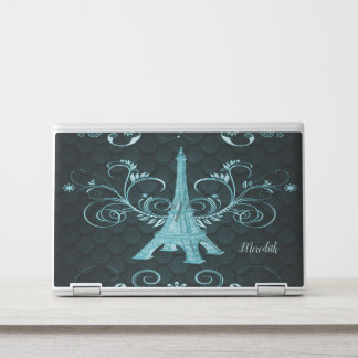 Eiffel Tower Teal Floral Swirls Laptop Skin