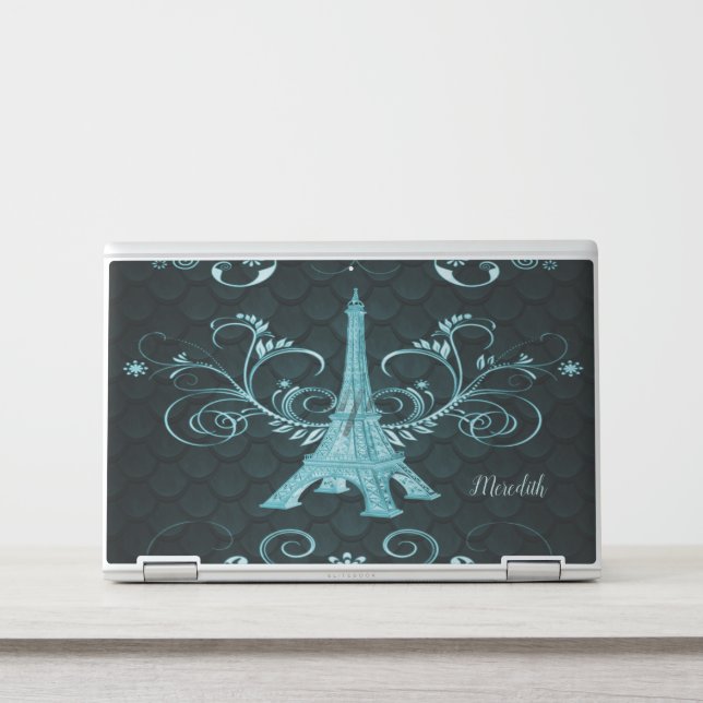 Eiffel Tower Teal Floral Swirls Laptop Skin (Front)