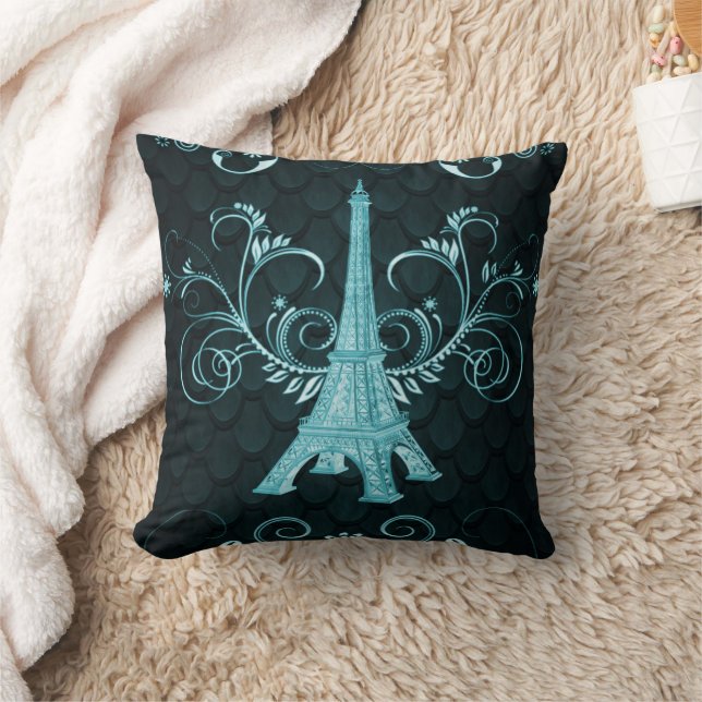 Eiffel Tower Teal Floral Swirls Pillow (Blanket)