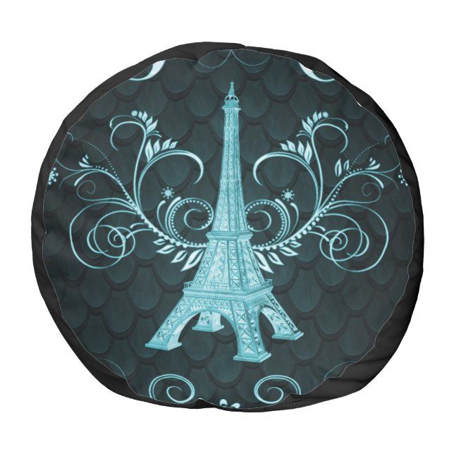 Eiffel Tower Teal Floral Swirls Pouf (Bottom)