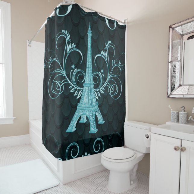 Eiffel Tower Teal Floral Swirls Shower Curtain (In Situ)