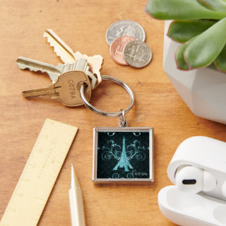 Eiffel Tower Teal Floral Swirls Square Keychain