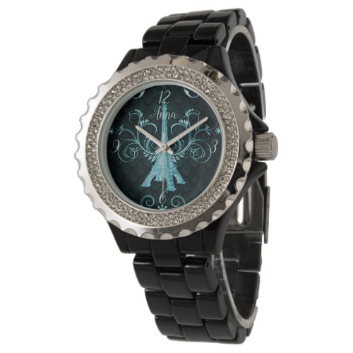 Eiffel Tower Teal Floral Swirls Watch