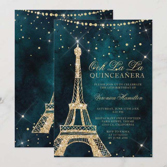 Eiffel tower teal gold glitter sparkle quinceanera invitation (Front/Back)