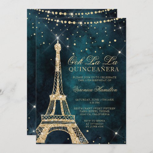 Eiffel tower teal gold glitter sparkle quinceanera invitation