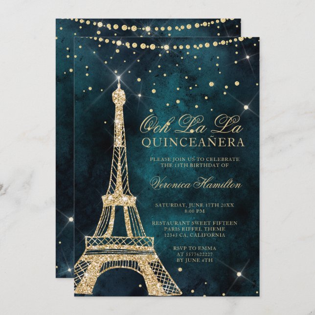 Eiffel tower teal gold glitter sparkle quinceanera invitation (Front/Back)