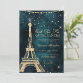 Eiffel tower teal gold glitter sparkle quinceanera invitation (Standing Front)