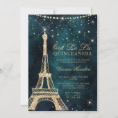 Eiffel tower teal gold glitter sparkle quinceanera invitation (Front)