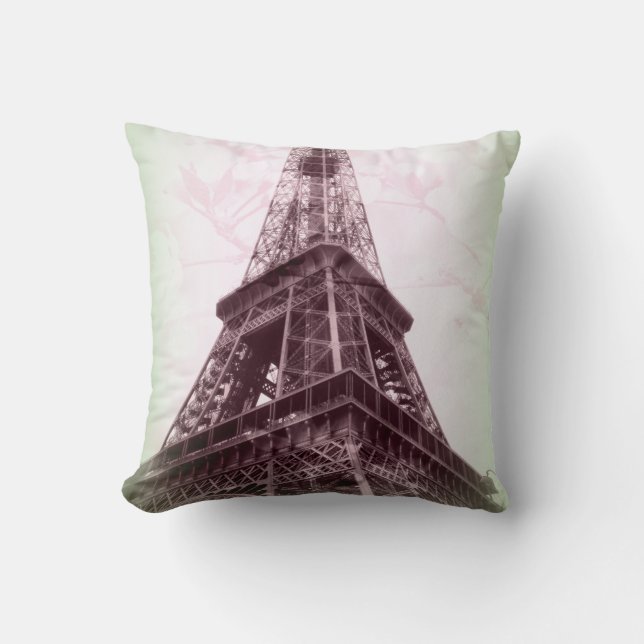 Eiffel Tower Throw Pillow in Green and Floral (Front)