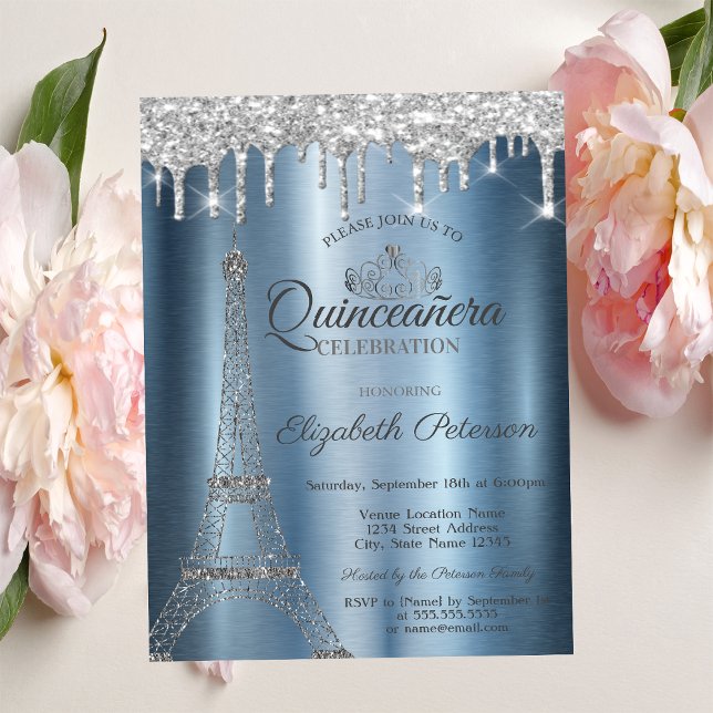 Eiffel Tower,Tiara,Drips Blue Metallic Quinceañera Invitation (Creator Uploaded)