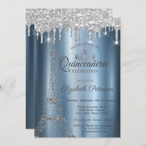 Eiffel TowerTiaraDrips Blue Metallic Quinceaera Invitation