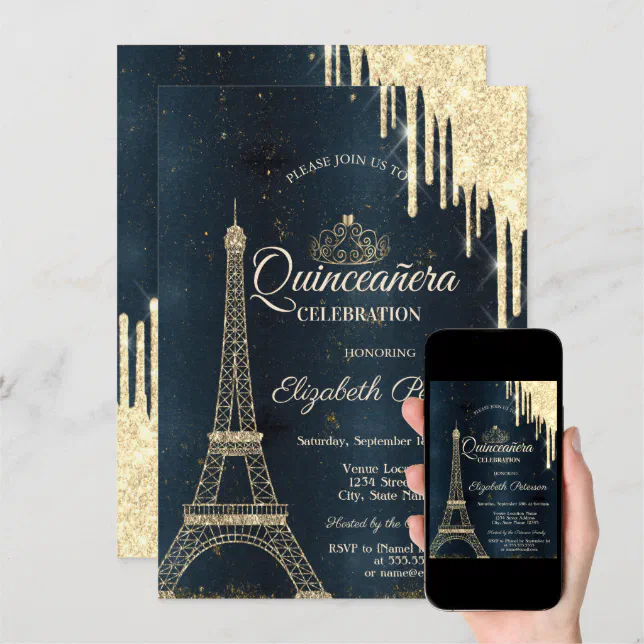 Eiffel Tower,Tiara,Drips Dark Blue Quinceañera Invitation Zazzle