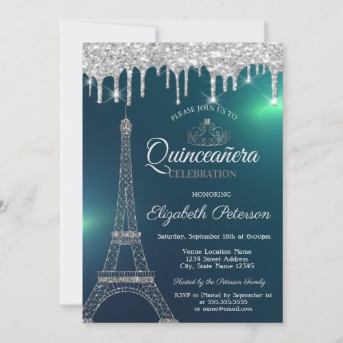 Eiffel TowerTiaraDrips Green Quinceaera Invitation