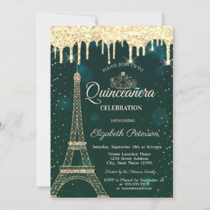 Eiffel Tower,Tiara,Drips Green Quinceañera Invitation