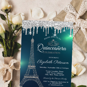 Eiffel Tower,Tiara,Drips Green Quinceañera Invitation