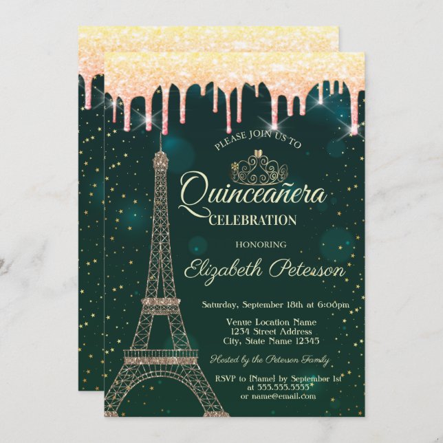Eiffel Tower,Tiara,Drips Green Quinceañera  Invitation (Front/Back)