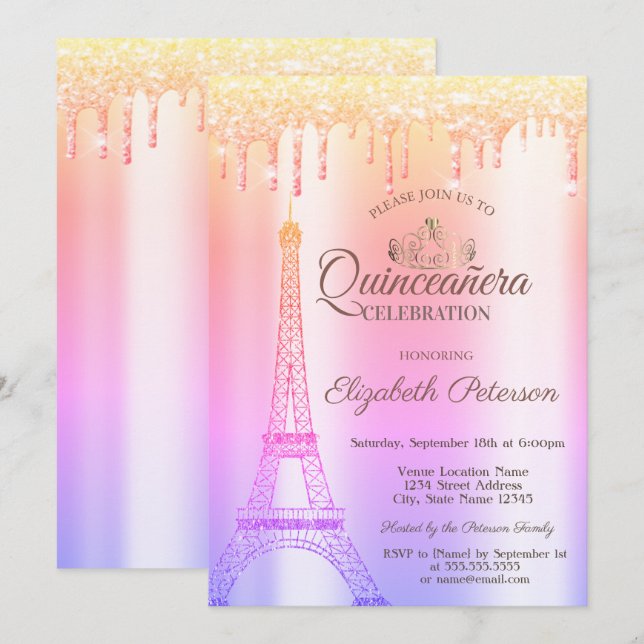 Eiffel Tower,Tiara,Drips Ombre Quinceañera Invitation (Front/Back)