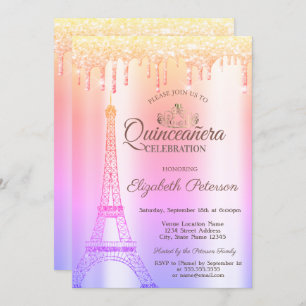 Eiffel Tower,Tiara,Drips Ombre Quinceañera Invitation