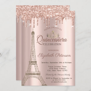 Eiffel Tower,Tiara,Drips Rose Gold Quinceañera Inv Invitation