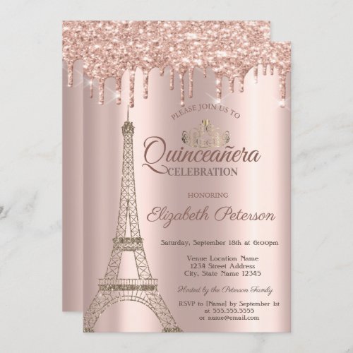 Eiffel TowerTiaraDrips Rose Gold Quinceaera Inv Invitation