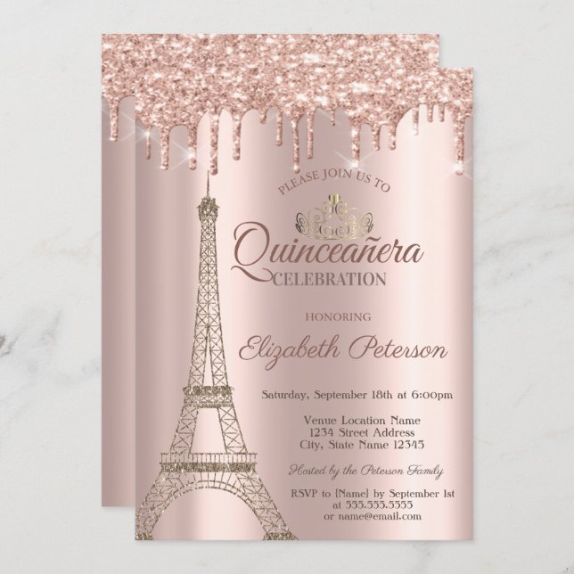 Eiffel Tower,Tiara,Drips Rose Gold Quinceañera Inv Invitation (Front/Back)