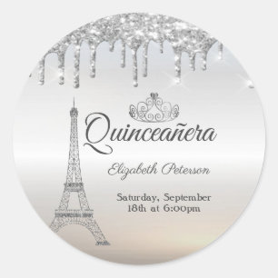 Eiffel Tower,Tiara,Drips Silver Quinceañera Classic Round Sticker