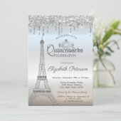 Eiffel Tower,Tiara,Drips Silver Quinceañera Invitation (Standing Front)