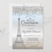 Eiffel Tower,Tiara,Drips Silver Quinceañera Invitation (Front)
