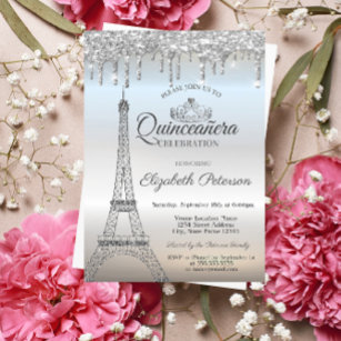 Eiffel Tower,Tiara,Drips Silver Quinceañera Invitation