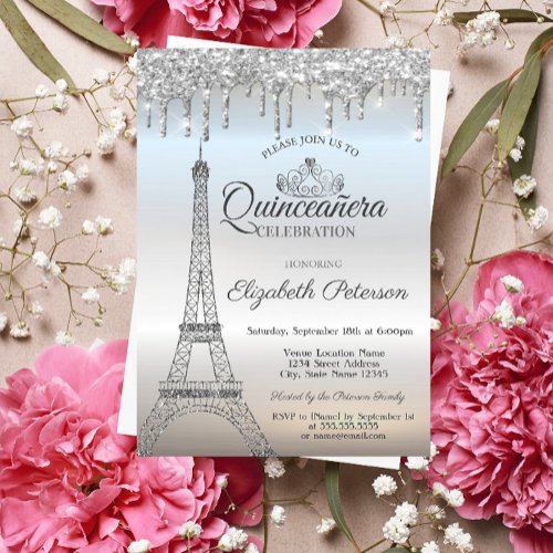 Eiffel TowerTiaraDrips Silver Quinceaera Invitation