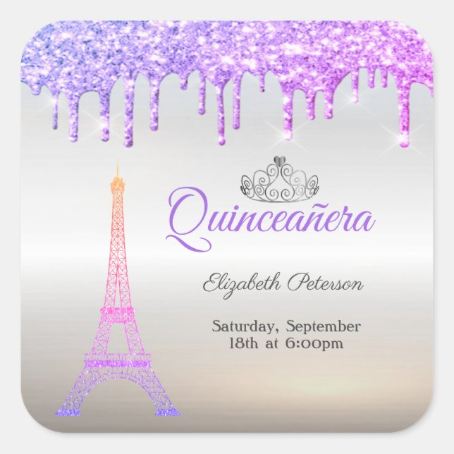 Eiffel Tower,Tiara,Drips Silver Quinceañera  Square Sticker (Front)