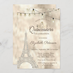 Eiffel Tower,Tiara Gold Quinceañera Invitation