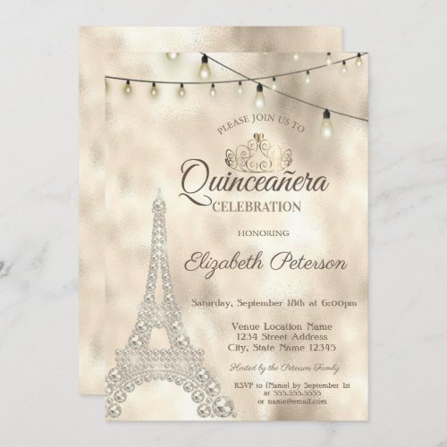  Eiffel TowerTiara Gold Quinceaera Invitation