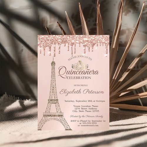 Eiffel TowerTiara Rose Gold Drips Quinceaera Invitation