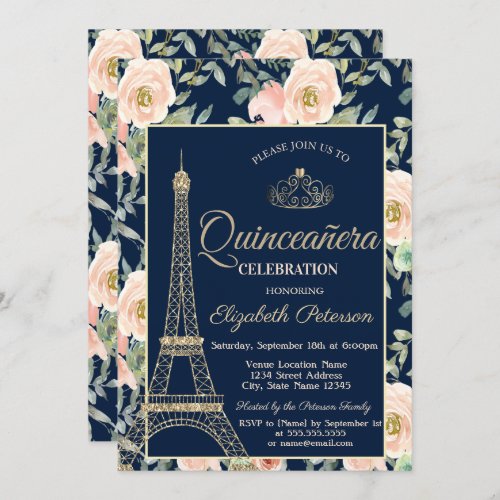 Eiffel TowerTiaraRoses Navy Blue Quinceaera  Invitation